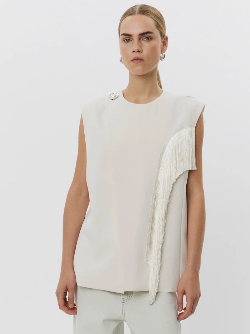 Day Birger Et Mikkelsen Sleeveless Cream (Off White) Fringe-Trim Tunic Top